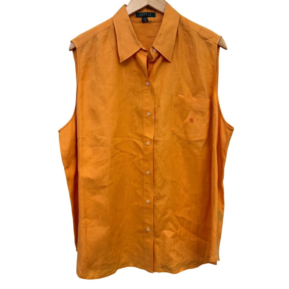 VTG Lauren Ralph Lauren Womens Shirt 2X‎ Orange 100% Linen Sleeveless Button Up
